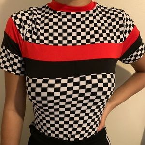 Checkered bodysuit with red and black stripe